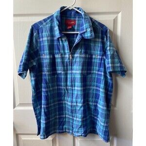 Venezia Jeans Zip Front Shirt Womans Plus Size 18/20 Blue Plaid Short Sleeve